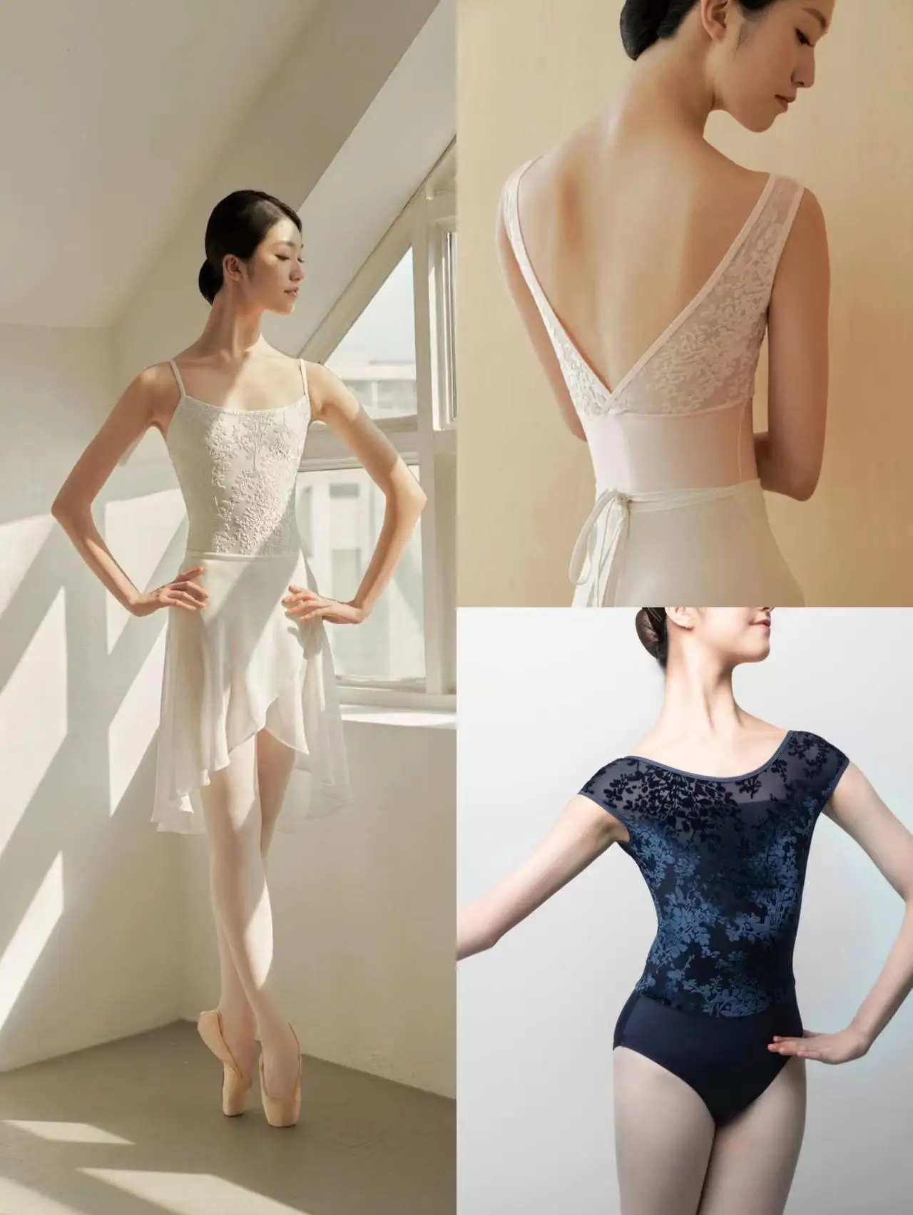 Dziewczęcy baletowy trykot z koronkowym wzorem kwiatowym, wysokim kołnierzem i odkrytymi plecami, styl retro gimnastyczny, kostium baletowy, taniec