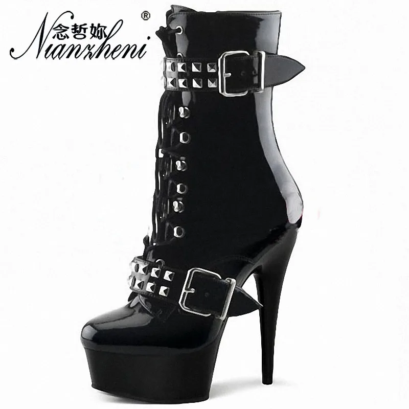 

Ankle Boots Black Belt Buckle 15cm Pole Dance Gladiator Women's Shoes Exotic Strip High Heels Cross Dressing Sexy Fetish Gothic