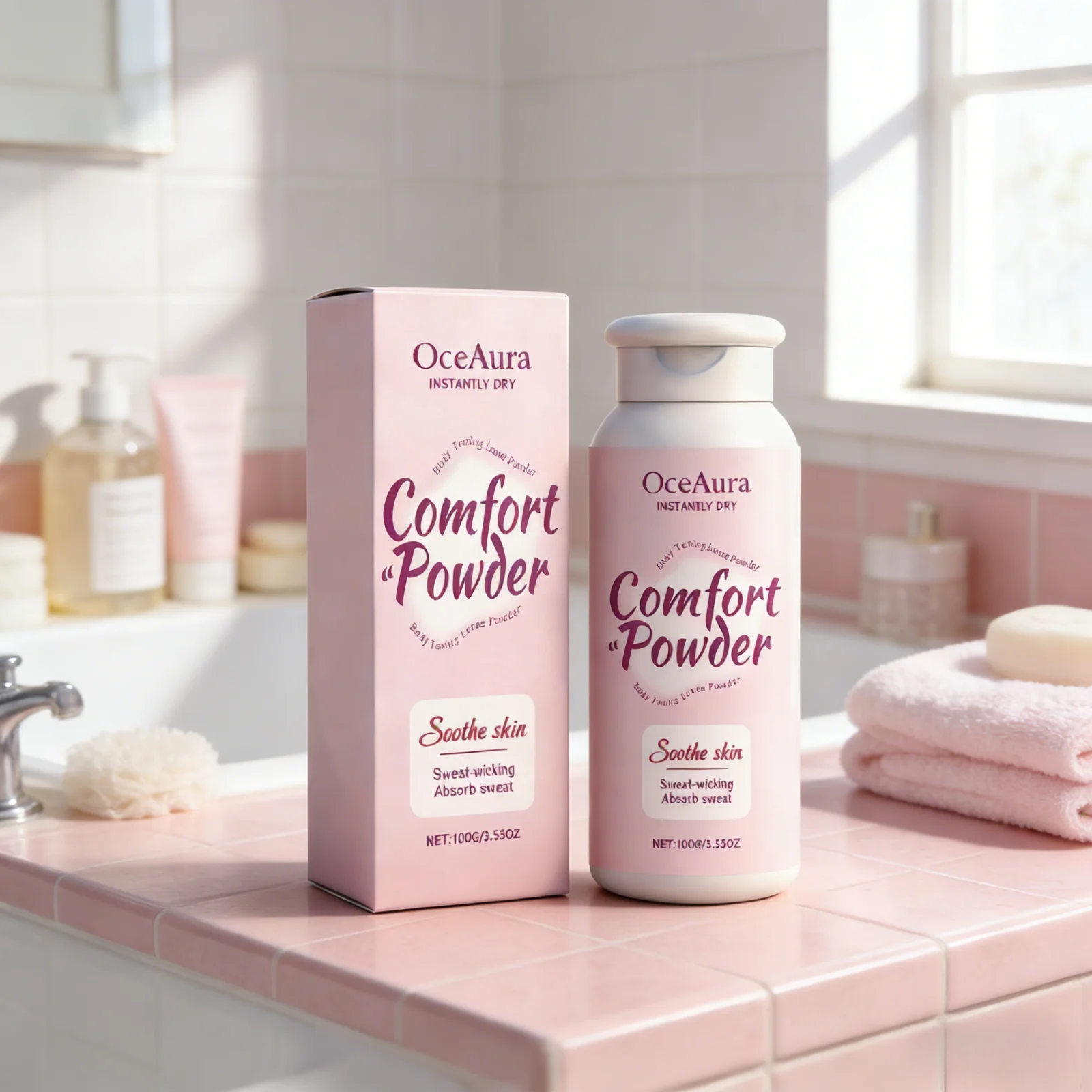 OceAura Comfort Powder for Body Parts Care Leg Armpit Sweat Prevention Odor Remover Refreshing Skin Care Smooth Body Powder 100g