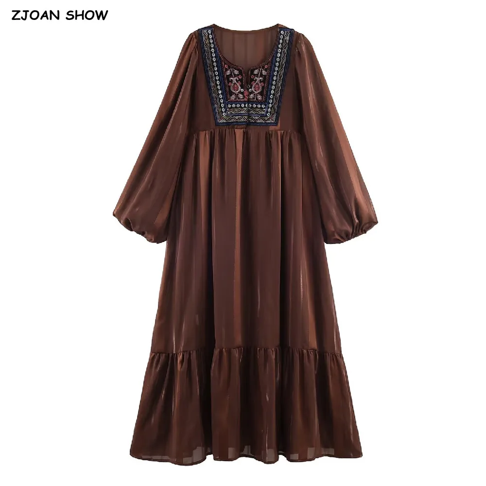 

Платье Bohemia Coffee с яркими полосками, длинными пышными рукавами, аппликациями, V-образным вырезом, оборками по низу, в стиле бохо, для женщин, праздничное, Vestidos