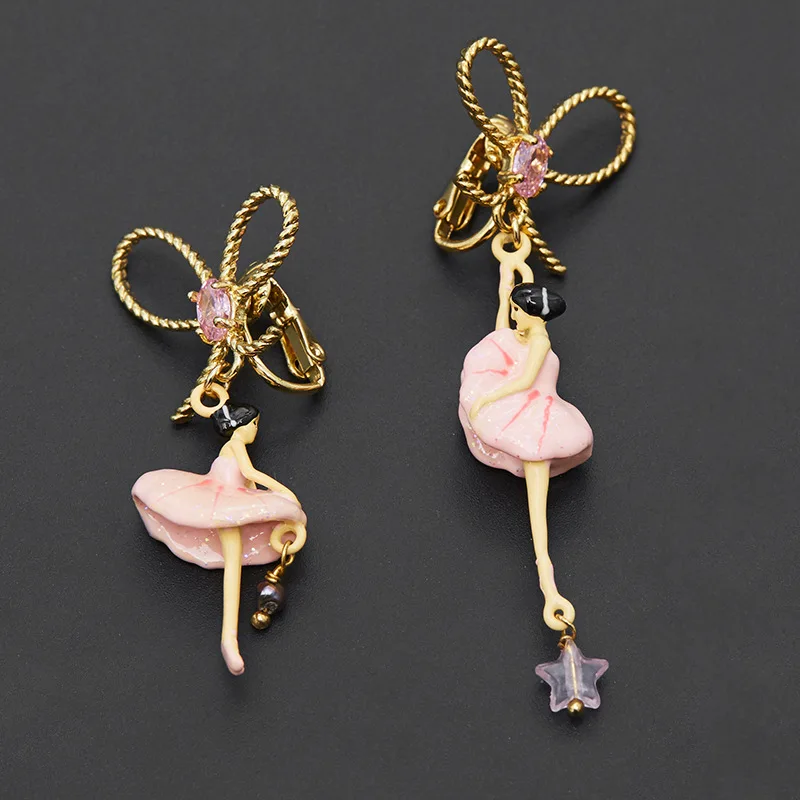 French Fashion Colored Glaze Bow Pink Ballet Dancing Girl Asymmetrical Ear Clip High Sense Earrings for Women Fairy Style Star