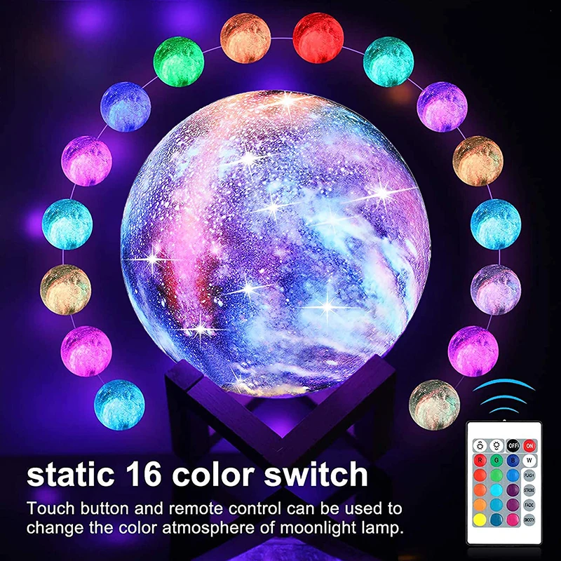 3D Printing Moon Galaxy Lamp Light 16 Color Change Touch And Remote Control Kids Night Light Bedroom Room Decor Home Gifts Lamp