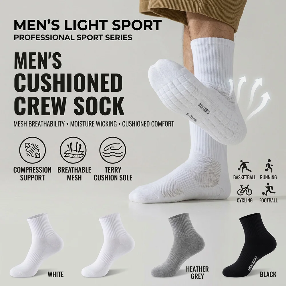 1/3 Pairs Men Terry Cushion Mid Calf Athletic Cotton Socks Summer Mesh Anti Slip Black White Color Running Fitness Sports Socks