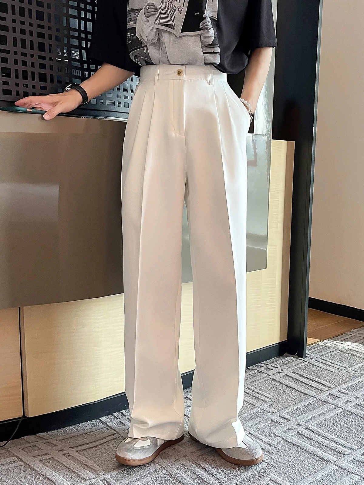 

Spring Autumn Pure Color Drapey Wide Leg Men's Straight Loose Casual Pants Busin Formal Korean Trendy Long Trousers