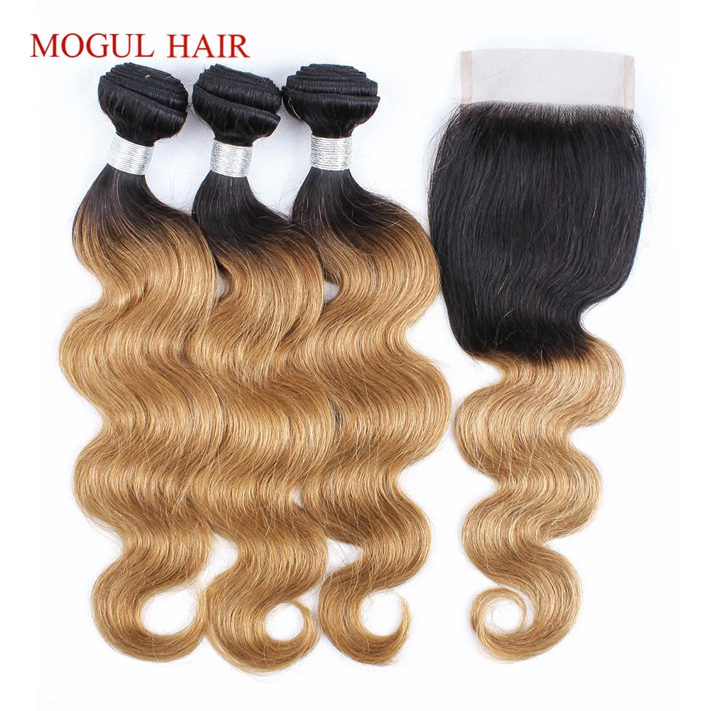 MOGULHAIR-Mèches Body Wave Brésiliennes Naturelles Remy, Blond Miel Ombré, avec Closure, 4x4, Dentelle Transparente 1B 27