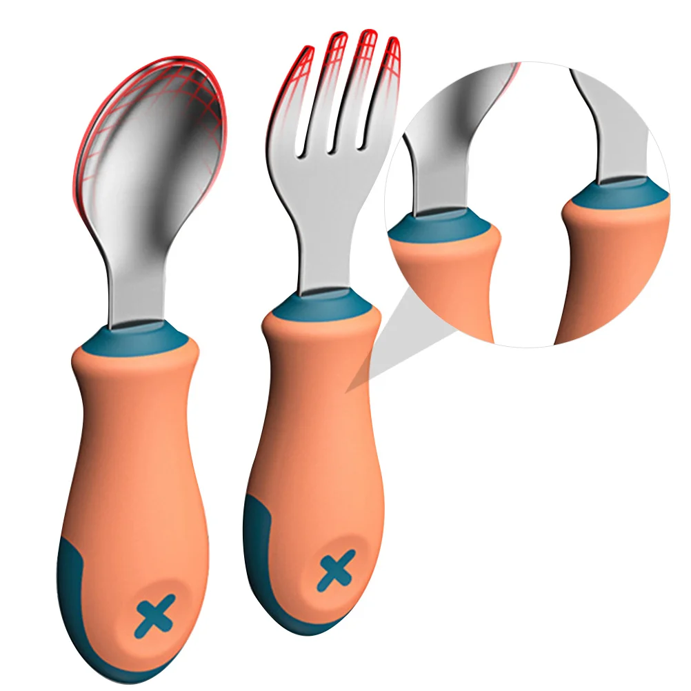 

1 Set Children Feeding Fork Spoon Silicone Stainless Steel Baby Dinning Training Tableware Fall Resistant Safe Infant Kids