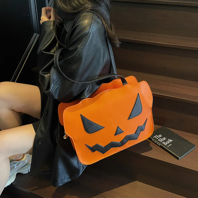 Halloween Cosplay Accessories Woman Super Hot Pumpkin Bag Fun Ghost Shoulder Bag Large Capacity Tote Bag Black and Orange