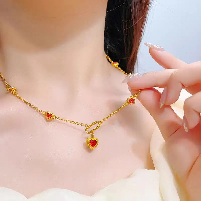 

Real18 K Gold Color Ruby Zircon Heart Collar Necklace Chain for Women Valentine's Day Anniversary Wedding Jewelry Gifts