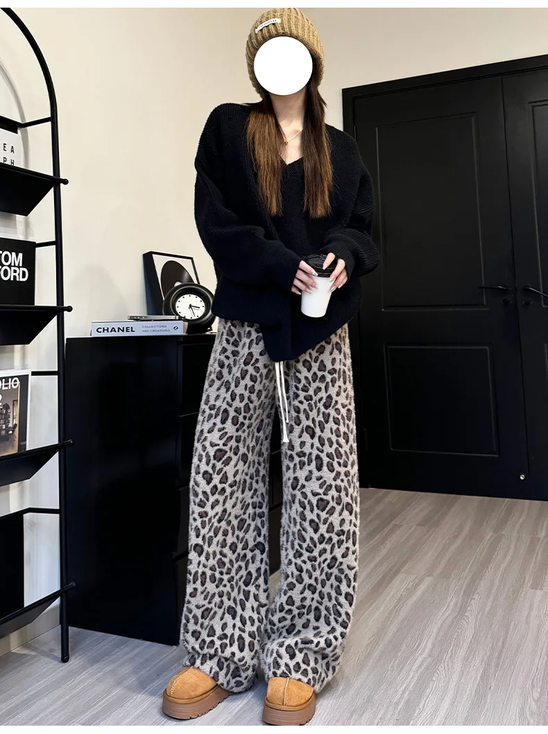ヴィンテージヒョウ柄フリース裏地パンツ女性ソフトワイドレッグパンツ巾着カジュアル秋冬暖かいストレートレッグパンツ