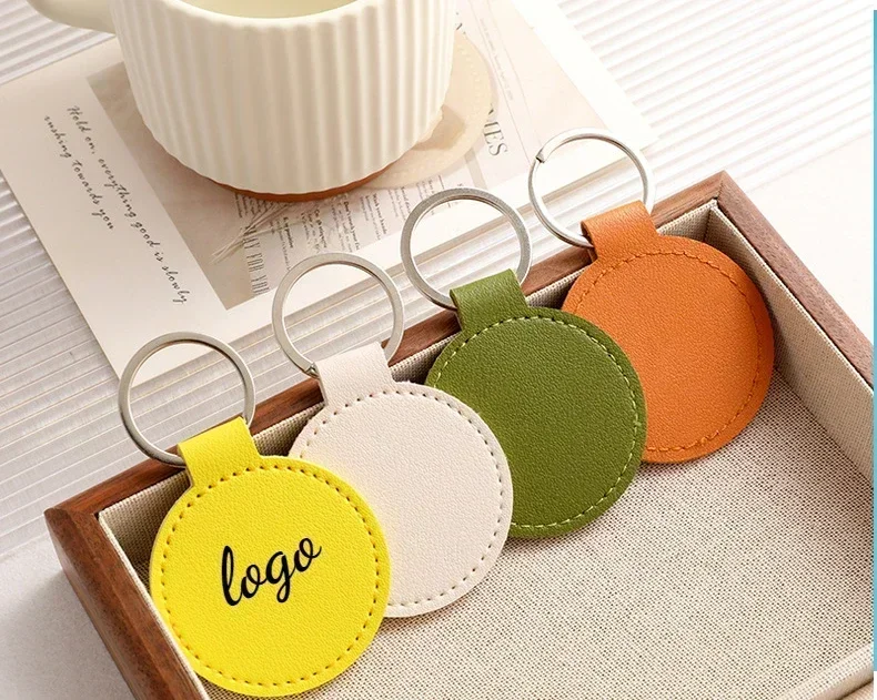 Customized LOGO Keychain Blank PU Leather Round Laser Engrave Car Keyring Circle Cute Personalized Ring Key Chains Company Gift