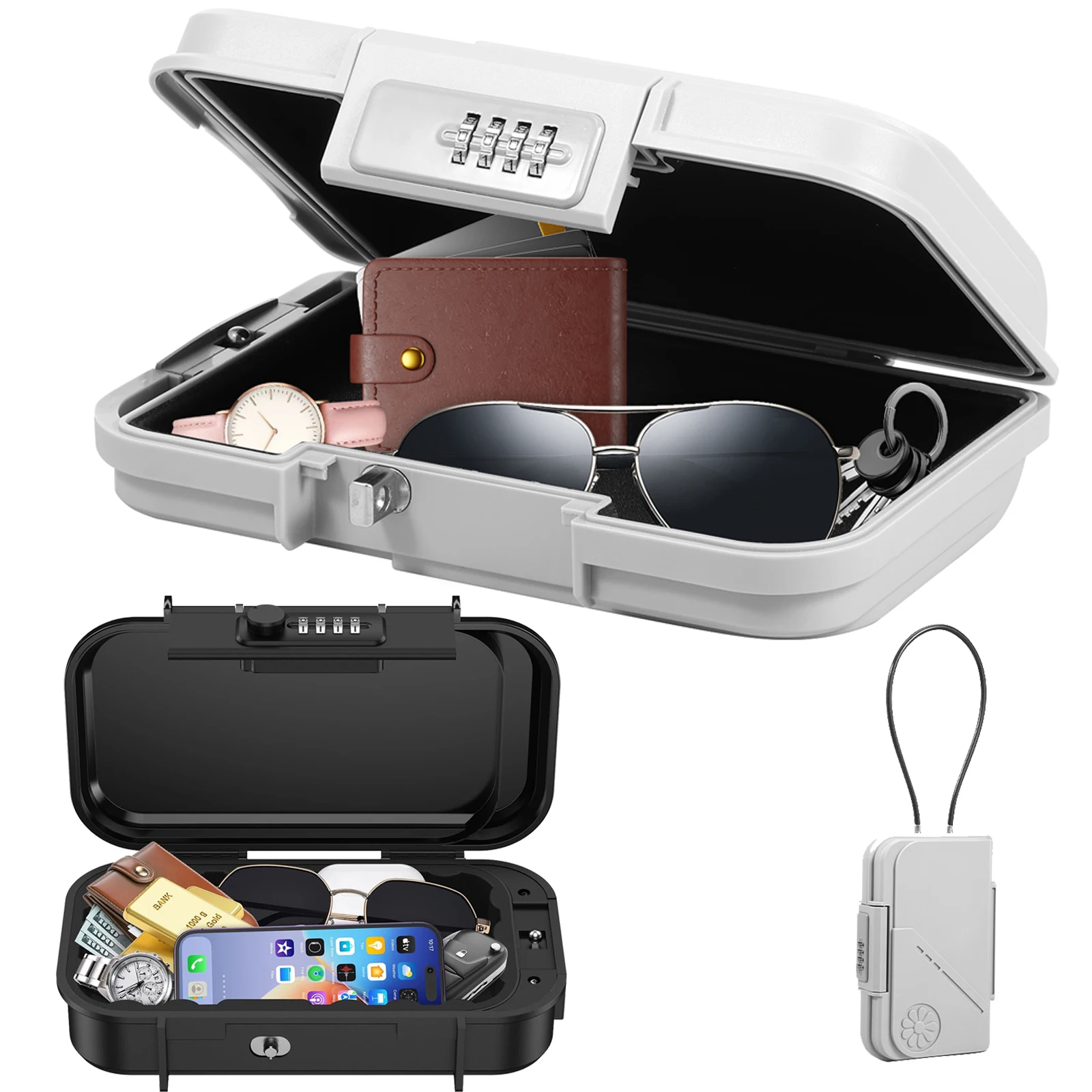Waterproof Lock Box Portable 4-Digit Combination Safe Boxes with Removable Cable Anti-Theft Security Lockbox Outdoor Key Hider
