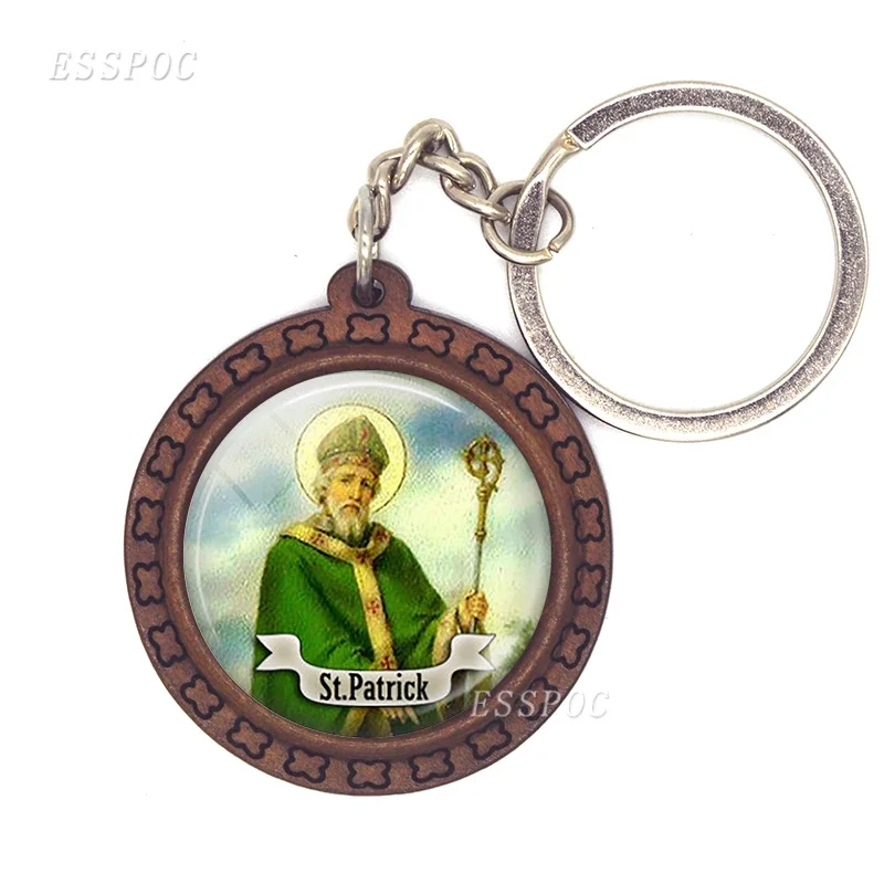 Virgin Mary Christian St Michael Clare Francis Religion Wooden Keychain Glass Cabochon Jewelry Women Men Pendant Key Chain Gift
