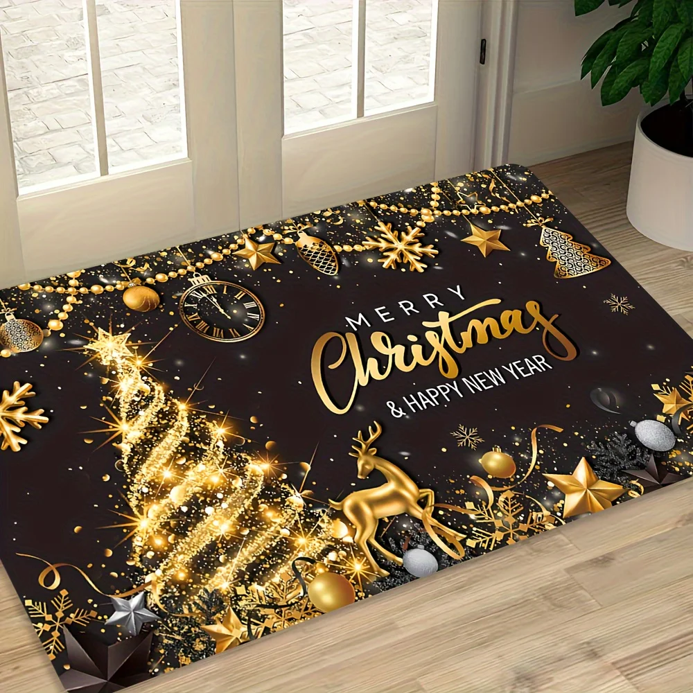 Merry Christmas Entrance Doormat Golden Reindeer Star Bauble Snowflake Clock Graphic Rug Luxury Holiday Home Entry Decor Mat