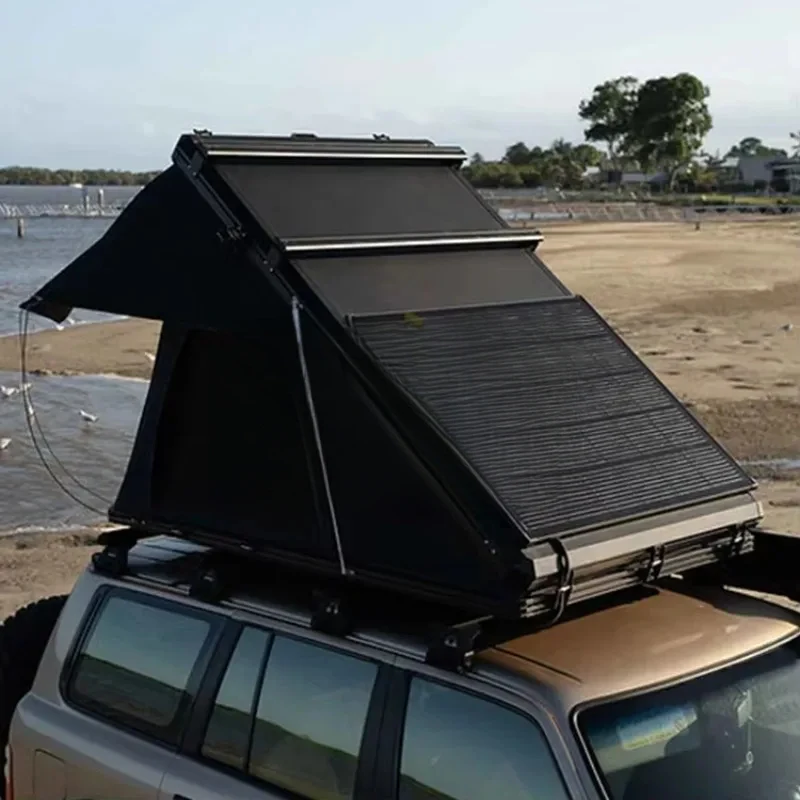 High Quality 3-4 Person Triangle Aluminum Hard Shell Rooftop Tent With Solar Panel Outdoor Camping Gear view 4
