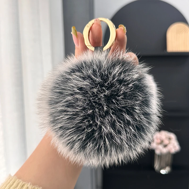 Keychain With Pompoms 15cm Fluffy Real Fox Fur Ball 13cm Fox Pom Backpack Handbag Car Leather Strap Keychain Key Chain