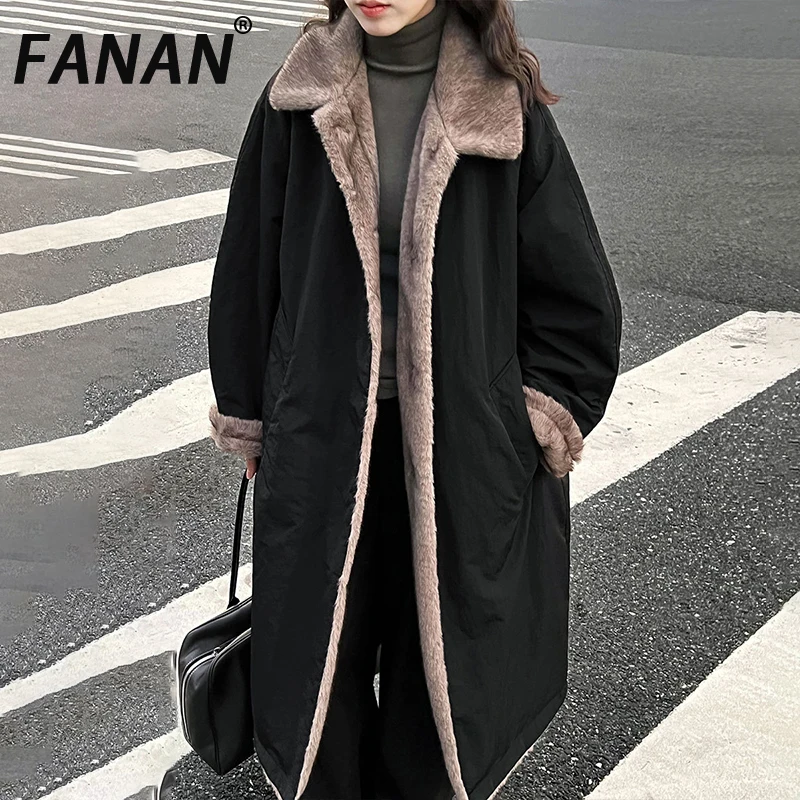 

FANAN, теплые пальто из искусственного меха для женщин, кардиган с лацканами, толстая длинная верхняя одежда, офисная женская одежда, модная зимняя новинка 2025 года