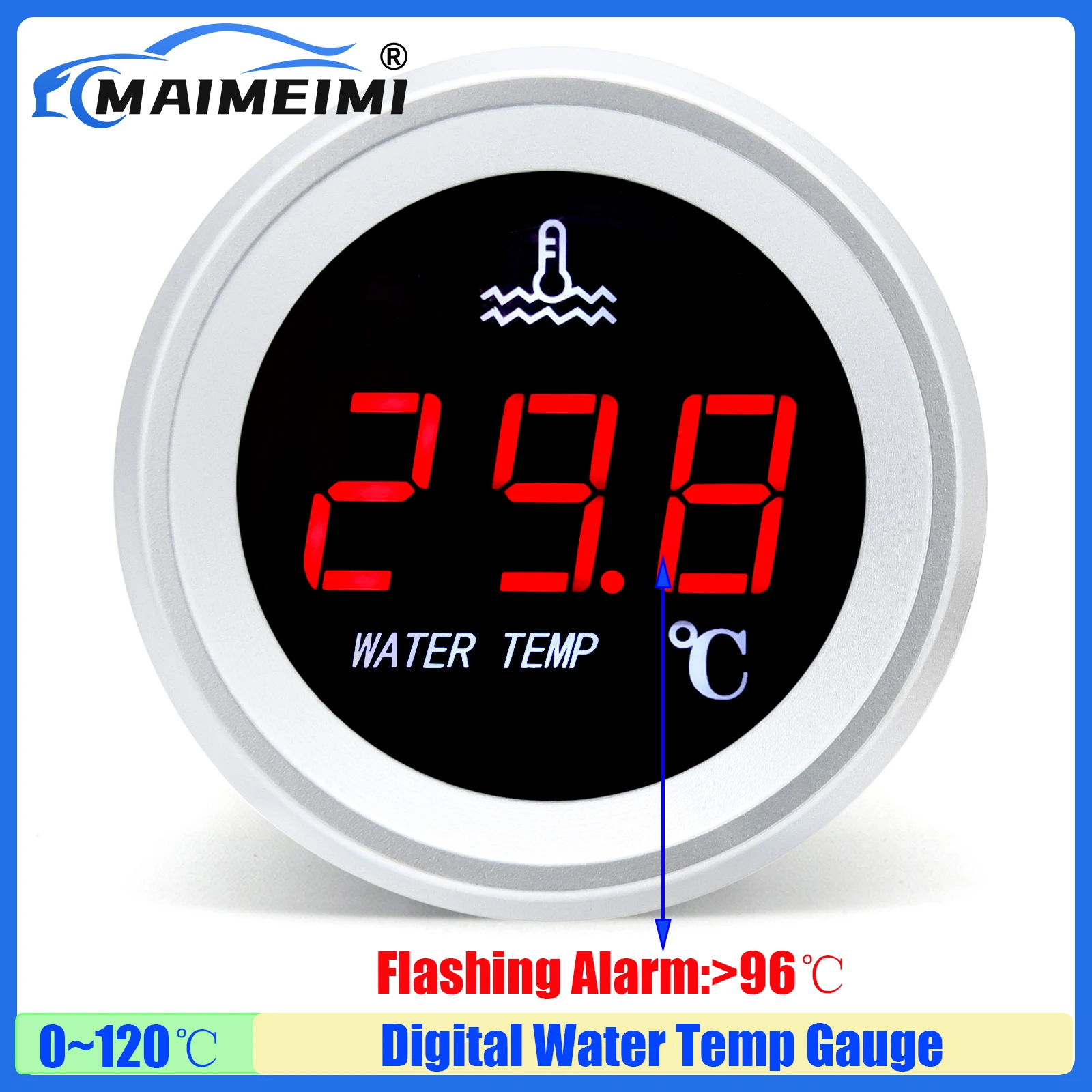 MAIMEIMI Auto Car Digital 0-120℃ Water Temperature Gauge with Flashing Warning RED LED Water Temp Meter+Sensor 1/8NPT 12V24V