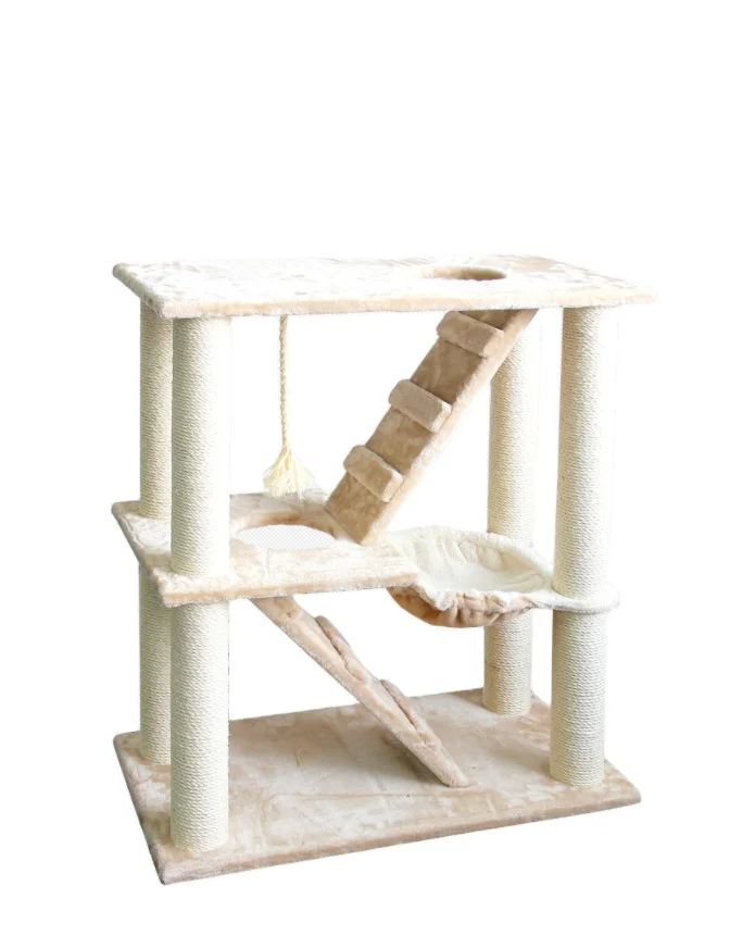 Pet Beige Carpet Wood Sisal Rope Premium Carpeted Wood Wall Cat Tree House For Cats