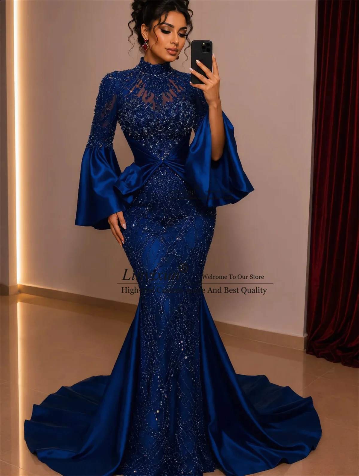 Aso Ebi Mermaid Prom Dresses With Sequins Crystals Evening Party Gowns African High Neck Long Sleeves robes de soirée Customized