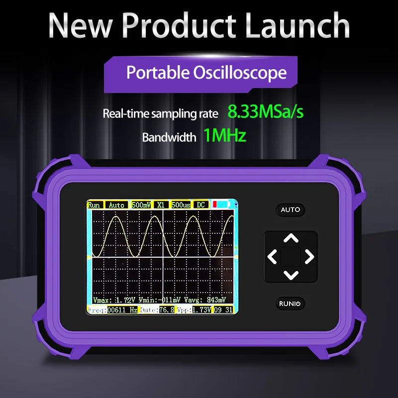 

Handheld Digital Oscilloscope - 1MHz Bandwidth, 8.33Msa/s Sampling, 2.8" TFT Display, USB Rechargeable (5V/1A), 1300mAh Battery