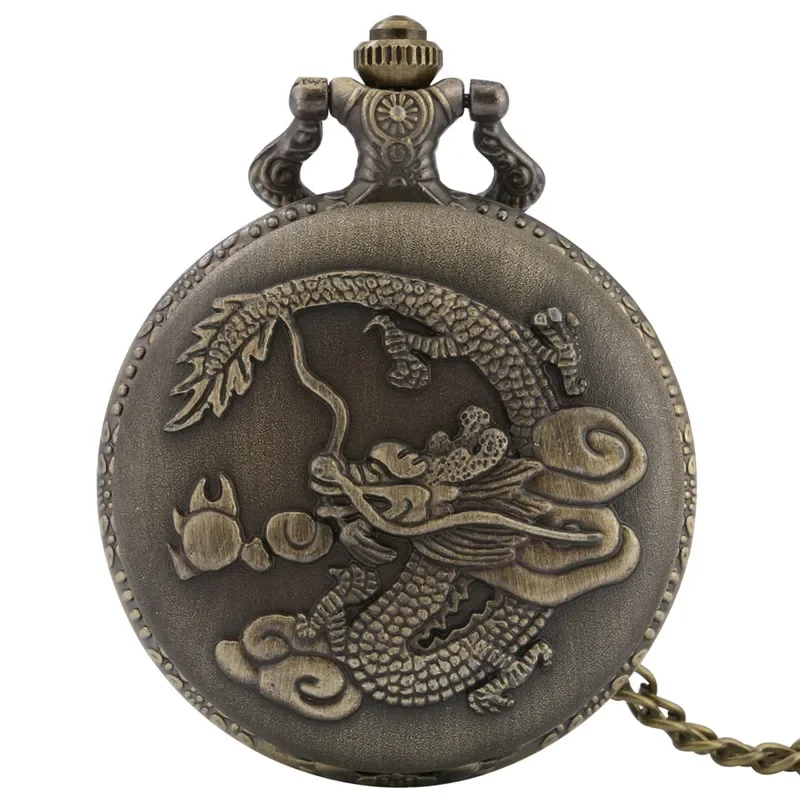 Retro Pocket Watch Traditional Chinese Zodiac Style 3D Dragon Analog Quartz Movement Pendant Necklace Chain Birthday Gift