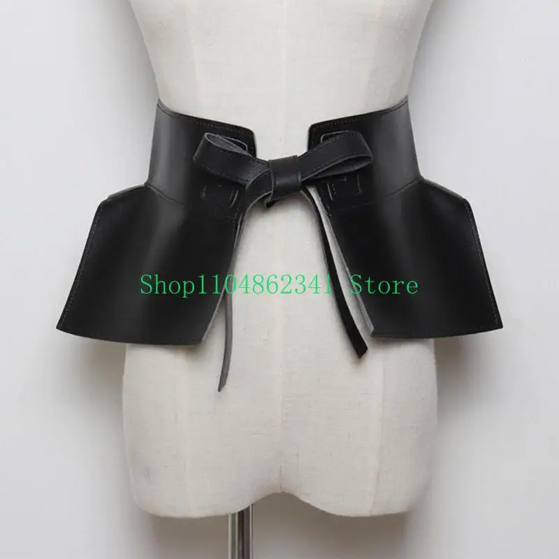 652F Women Dress Belt Fashion Pu Leather Pleated Skirt Peplum Cincher Belt Wide Waistband Skirt Belt Leather Cummerbunds