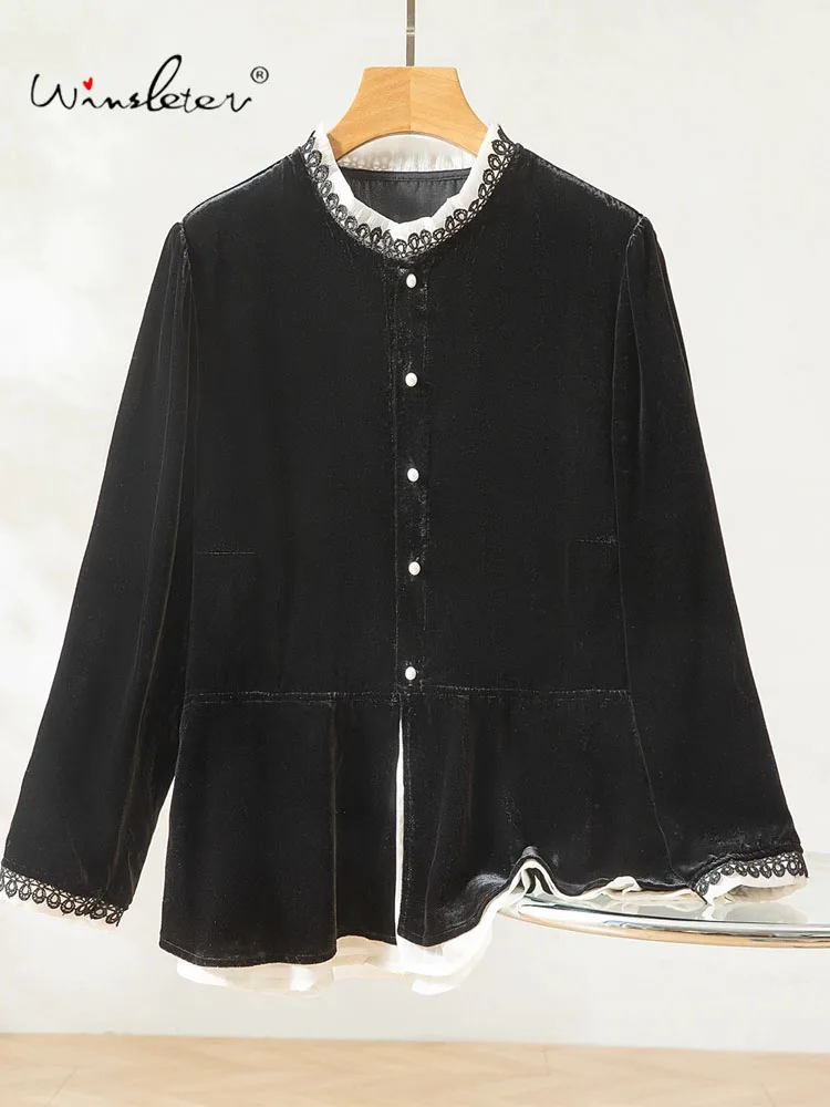 

Winsleter-Bottom 100%Real Silk Elegant Velvet Shirt, O Neck Ruffles, Women Retro Temperament Loose Blouse, 2025 Winter T5N935CC