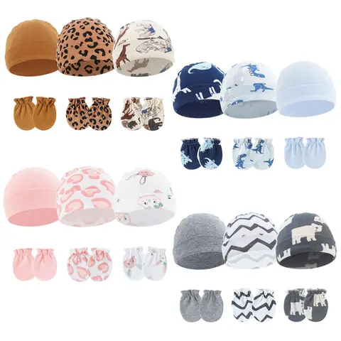 3 Sets Baby Beanie Hat Gloves Cartoon Newborn Hats Set Cotton Infant Bonnet Toddler Cap for Girls Boys Kids Accessories 0-6M