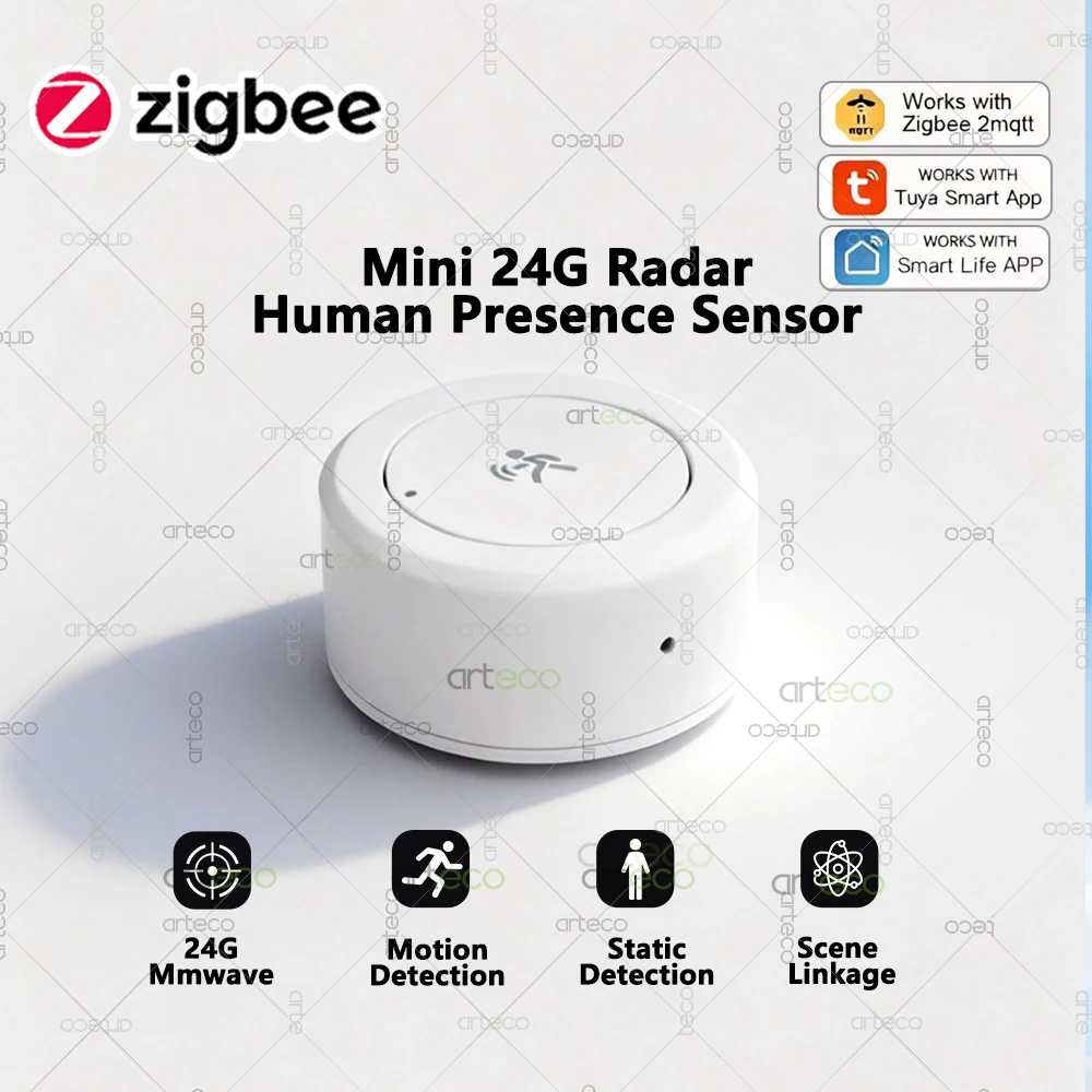 

Мини-датчик присутствия человека Zigbee 24G с радаром mmWave и обнаружением статического движения, сигнализация безопасности, поддержка Tuya Zigbee2MQTT
