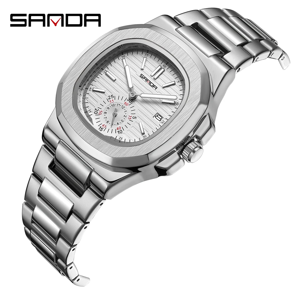 SANDA 7020 Fashion Quartz Wristwatch Date Waterproof Octagonal Dial  Simple Relief Pattern Design Noctilucent Men\'s Watch