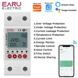 Tuya WiFi Smart Energy Meter Power kWh Meter Earth Leakage Over Under Voltage Protector Time Relay Device Switch Circuit Breaker