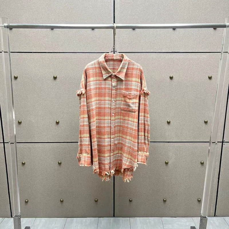 

Women's plaid washed vintage shirt, collared long-sleeved shirt with raw edges, fashionable casual loose-fitting shirt, 2025,