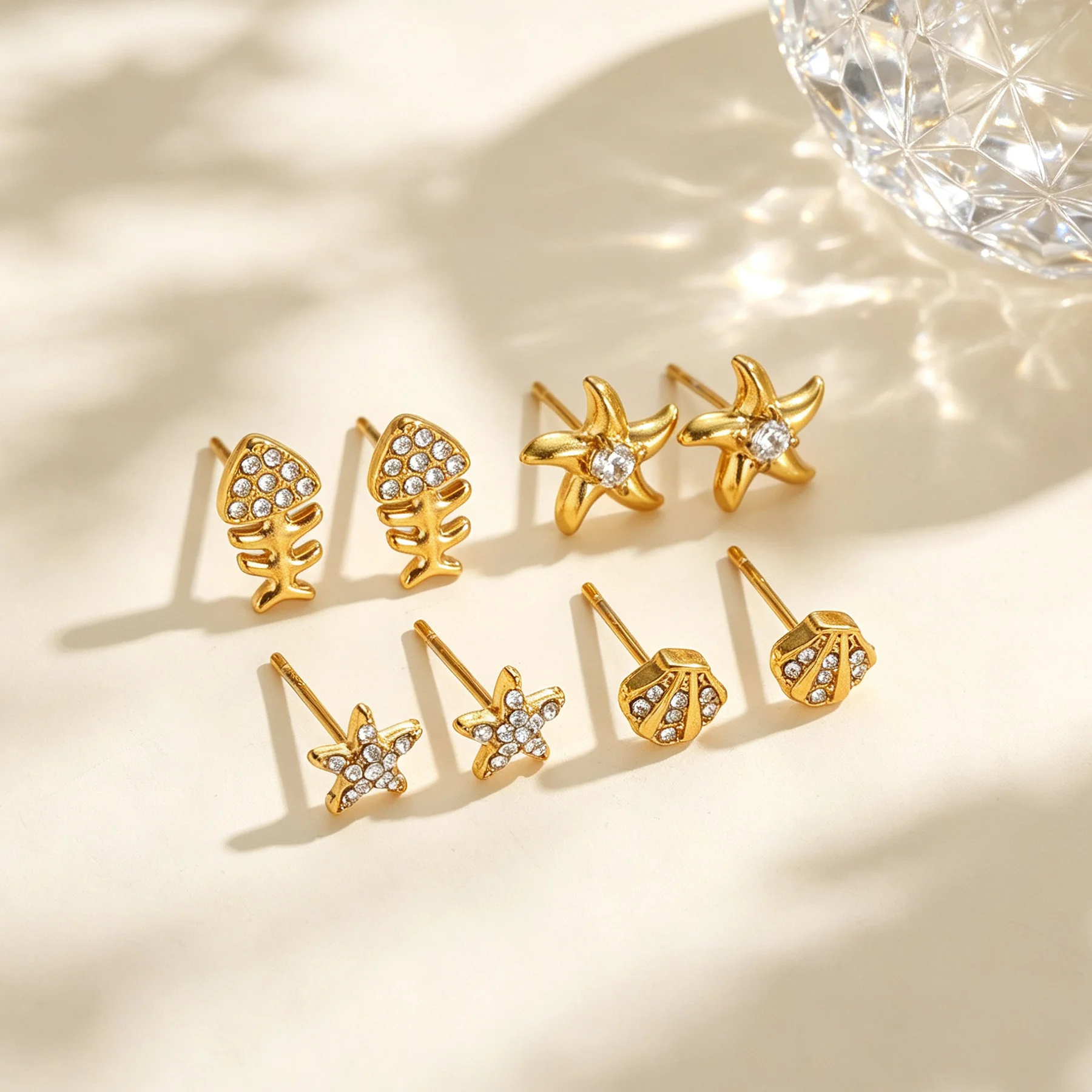Compact Delicate Gold plated Stainless Steel Zircon Ocean Stars Earrings for Women Shiny Lovely Hypoallergenic Daily Jewelry