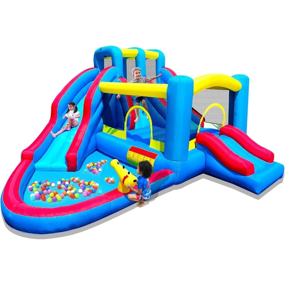 

Inflatable Bounce House, Blow Up Bouncy House Include Slide, Outdoor Backyard Water Park with Air Blower, Splash Pool