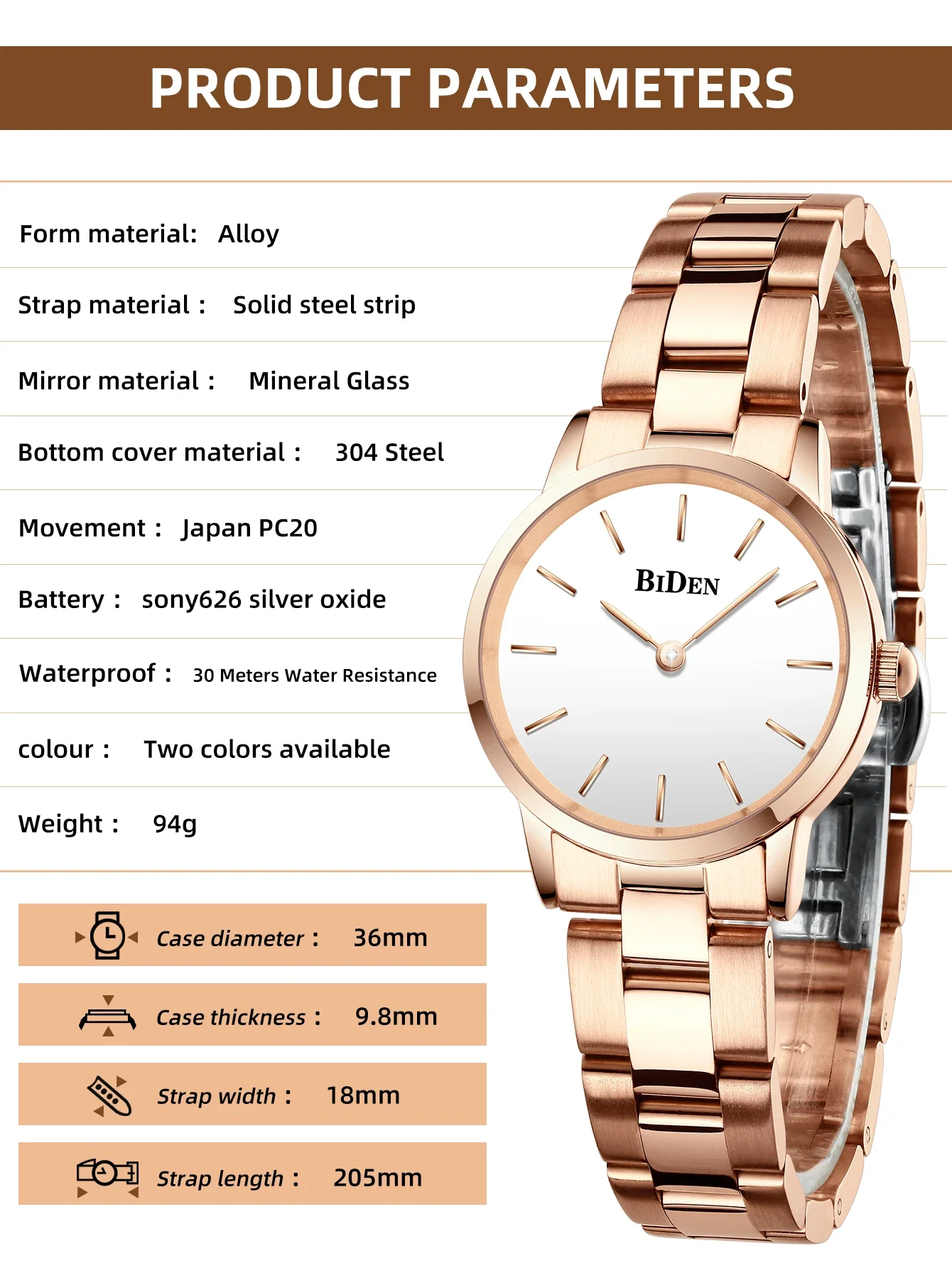 ساعة بيدن للرجال بمينا كبير باللون الذهبي الوردي - أحدث حجر كوارتز إبداعي، وحزام فولاذي صلب