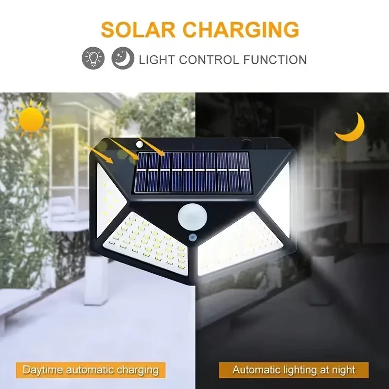 100LED Motion Sensor Solar Wall Lights Waterproof Outdoor Porch Fence Sensor Lamps for Backyard Garden Garage