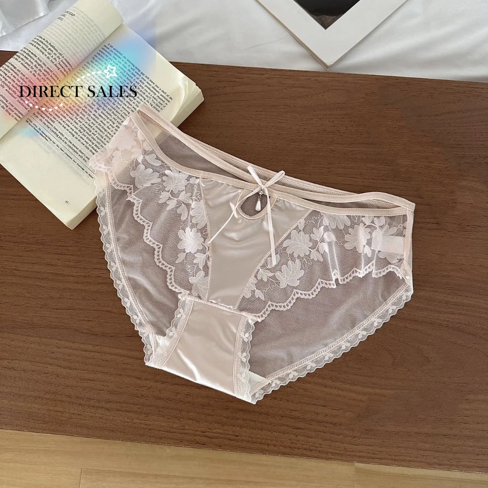 Calcinhas Finas de Cintura Baixa em Renda, Roupa Íntima de Seda Satin com Forro de Algodão para Mulheres, Calcinhas Transparentes em Renda Confortáveis