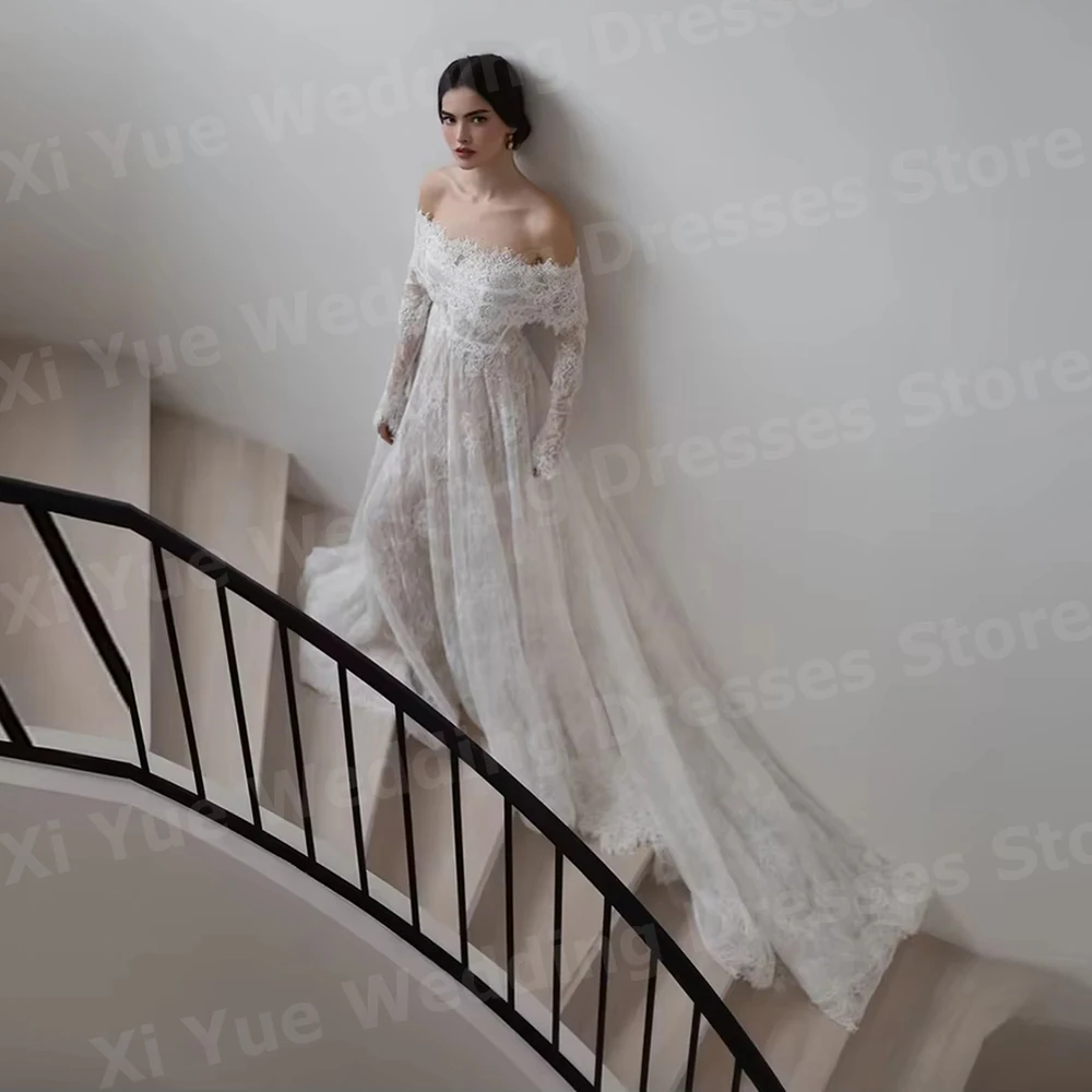 Exquisito una línea De encaje para mujer vestidos De Novia con hombros descubiertos Vestido De Novia vestidos De Novia De manga larga bata personalizada De Mariée