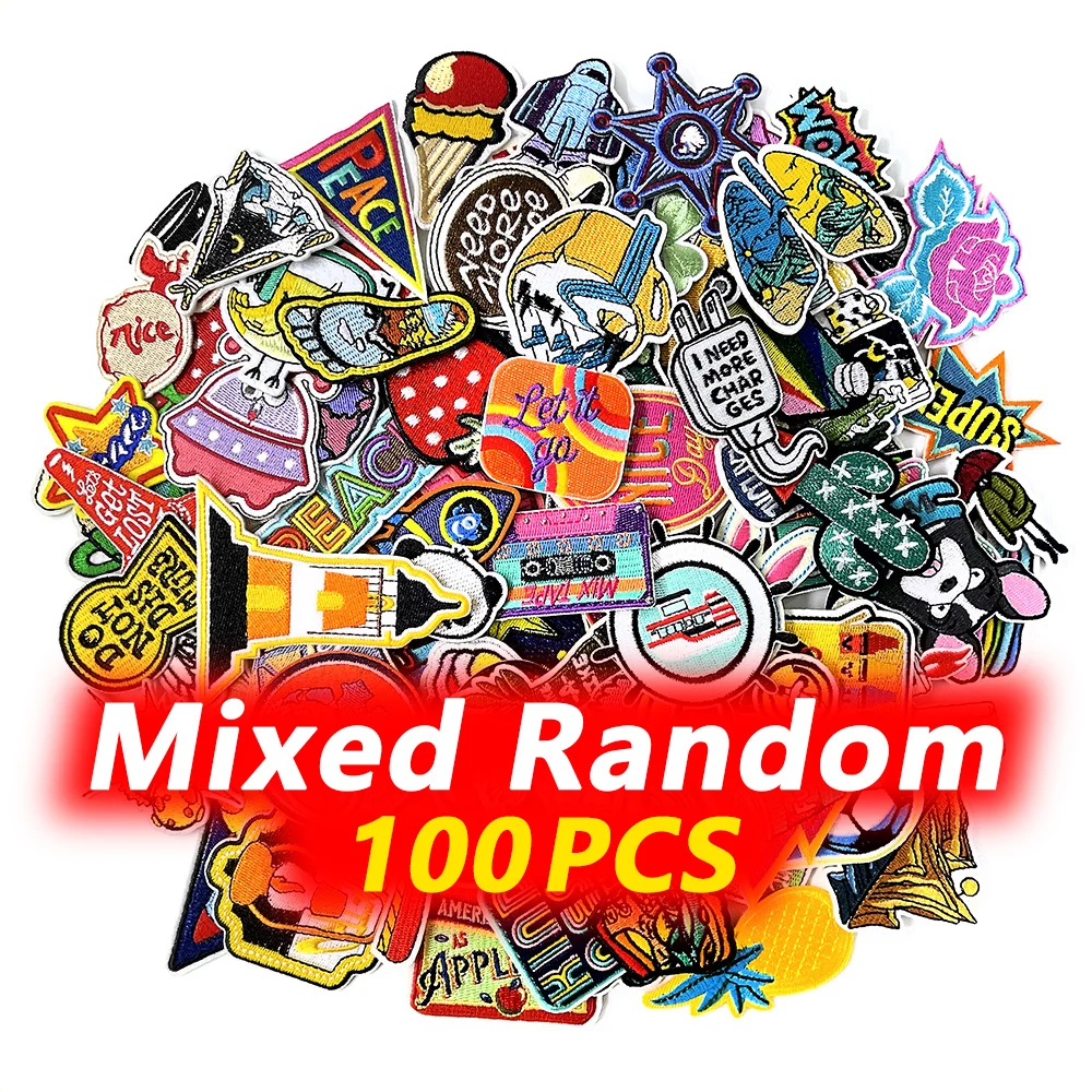 100Pcs Random Mixed Iron on Patches Embroidery Applique Decorative Patch Clothing Decoration Repair Mend Apparel Sewing Supplies