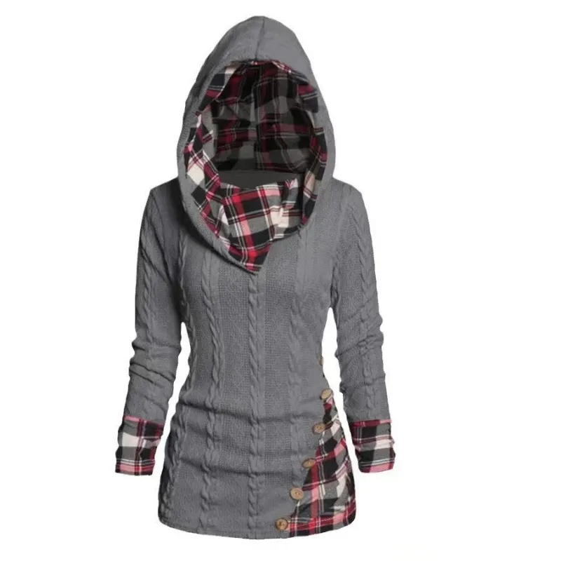 2024 Autumn Winter Chic Plaid Hooded Dress Women Knit Sweater Long Sleeve A Line Style With Trendy Splicing Perfect Casual Wear