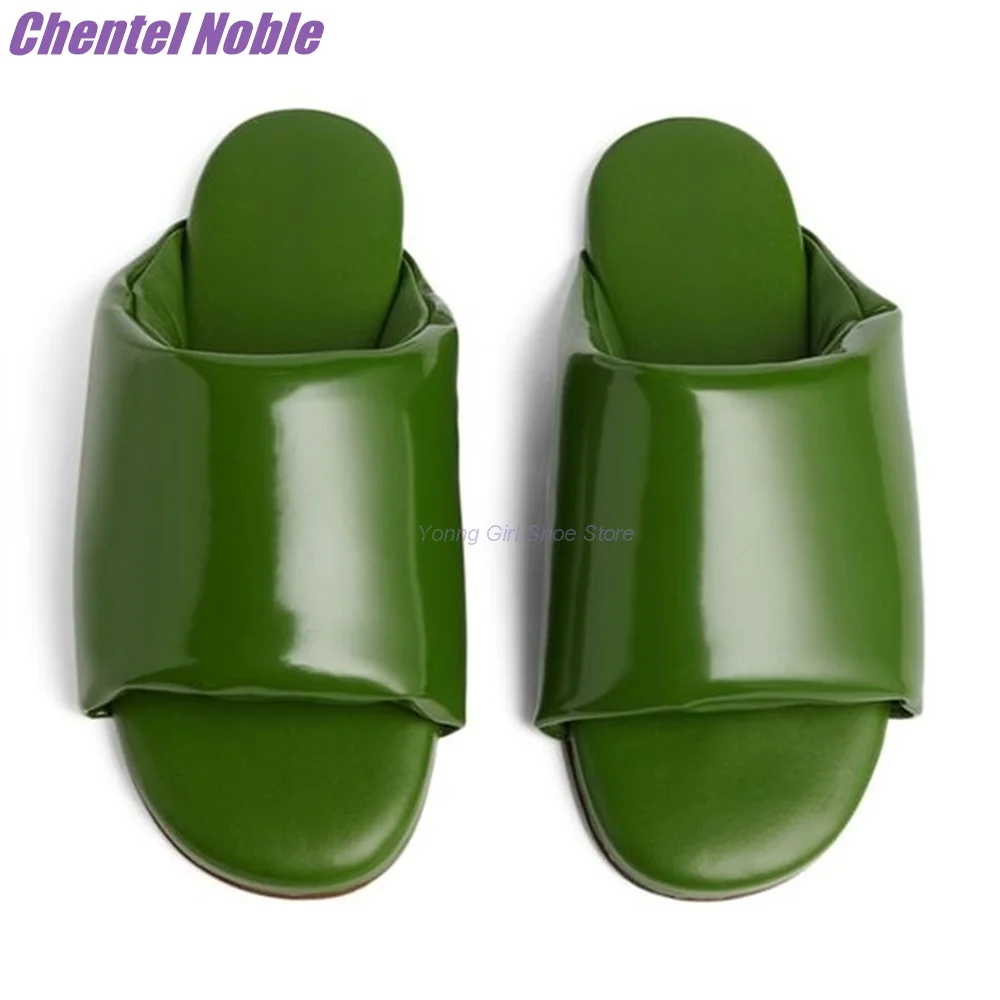 Vintage Green Flat Slippers Patent Leather Round Toe Comfortable Outside Women Shoes Fashion Summer Genuine Leather Retro