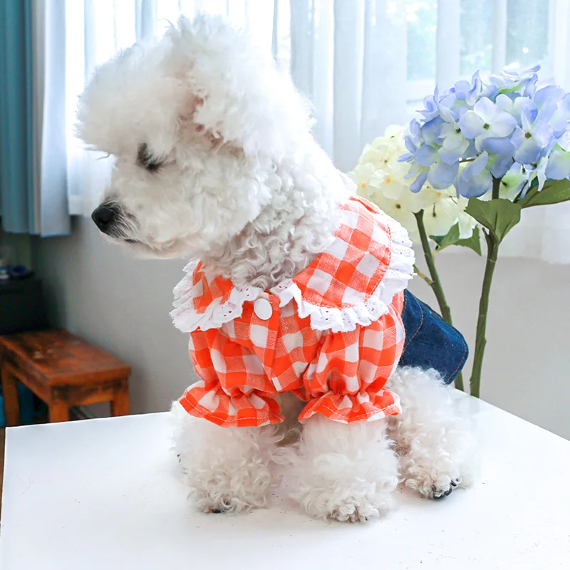 1PC Pet Apparel Dog Spring and Autumn Slim Fit Orange Plaid Lace Shirt Denim Strap Princess Dress For Small Medium Dogs