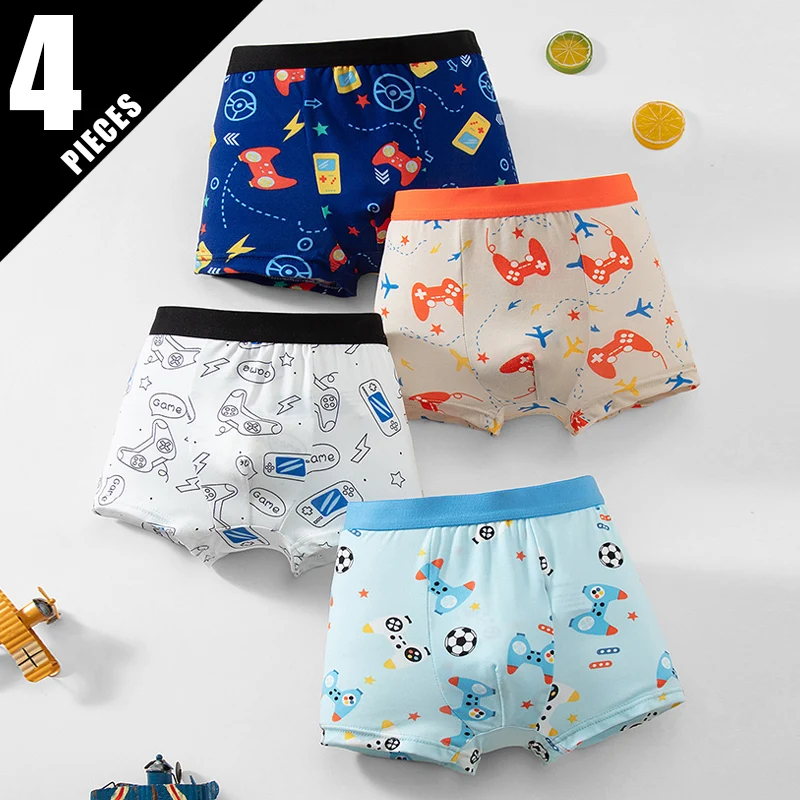 4 Pcs Children's Dinosaur Game Machine Printing Fashion Boxer Shorts Boys Loose Elastic Cute Underwear Comfortable Home Shorts