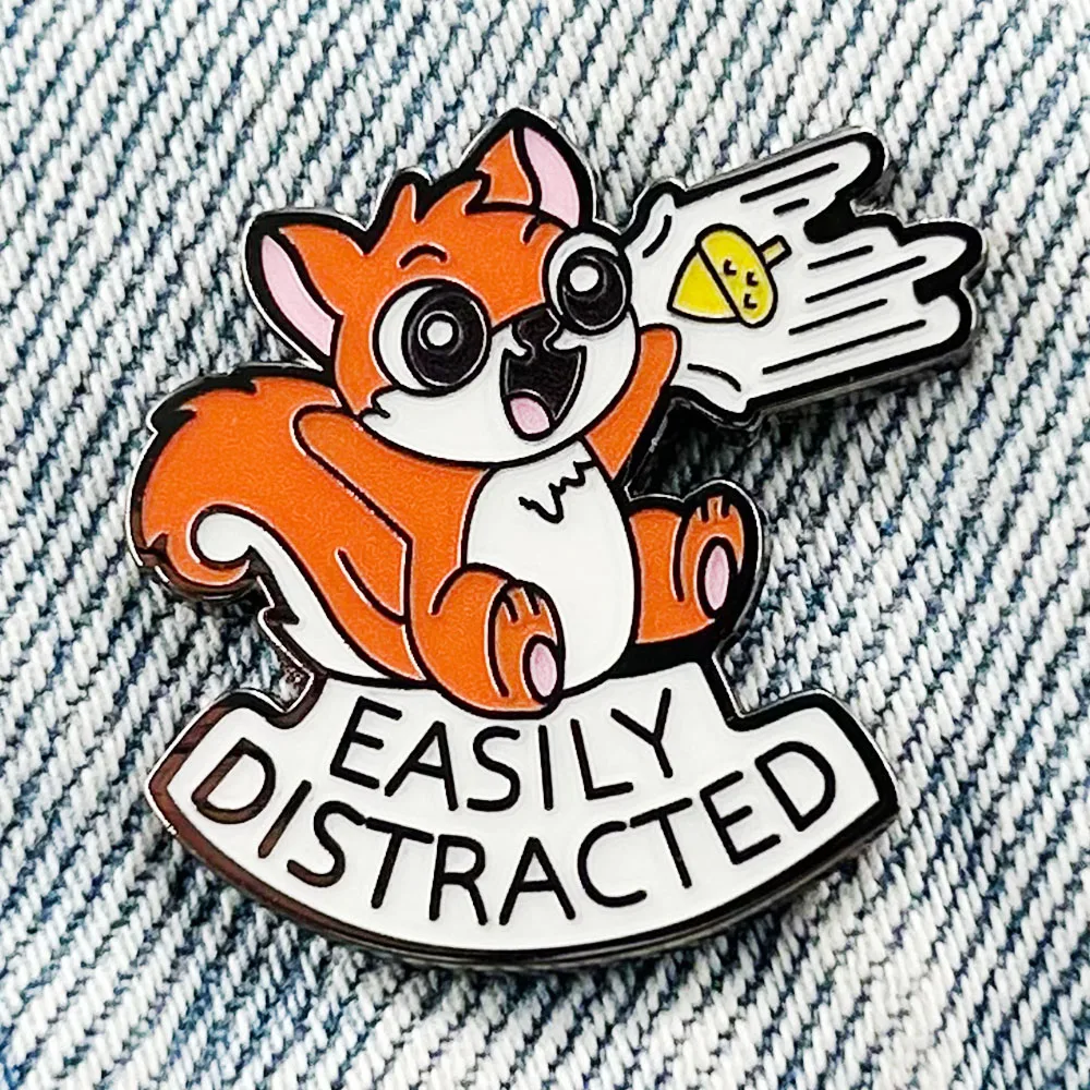 Kawaii Squirrel And Pine Nut Badge Easily Distracted Brooch Neurodivergent ADHD Pin Mental Health Animal Jewelry Gift
