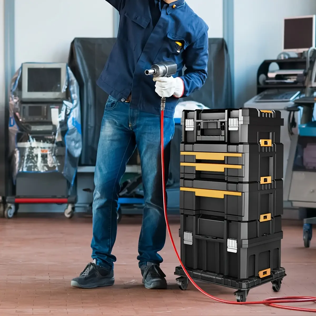 صندوق أدوات قابل للتكديس مكون من 6 طبقات، وأدراج، وعجلات، وشرائح تحمل. مواقع بناء لورش العمل المحمولة ذات سعة كبيرة وثنائية الأغراض