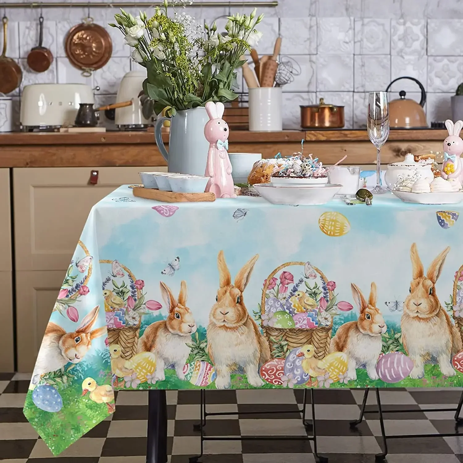 Mantel impermeable rectangular con forma de mariposa y huevos de conejito de Pascua, decoración de fiesta, mantel de cocina de granja de primavera, decoraciones de Pascua