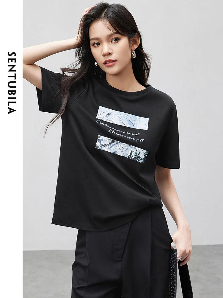 SENTUBILA 100% Cotton Letter Printing T-shirt for Women 2024 Summer Fashion Round Neck Comfortable Short Sleeve Top 142T55231