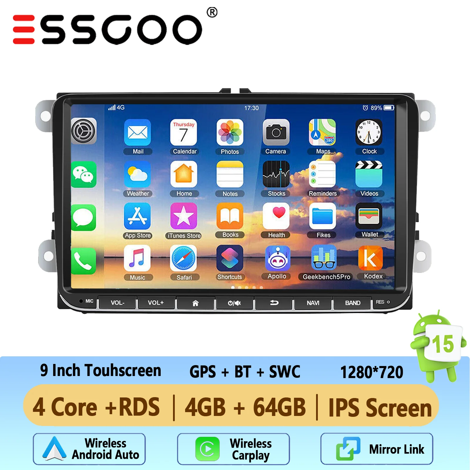 ESSGOO 9 inch Android 15 64GB autoradio voor VW Golf MK5 6 Passat Polo Touran Caddy EOS Jetta Seat Skoda met draadloze Carplay GPS navigatie BT