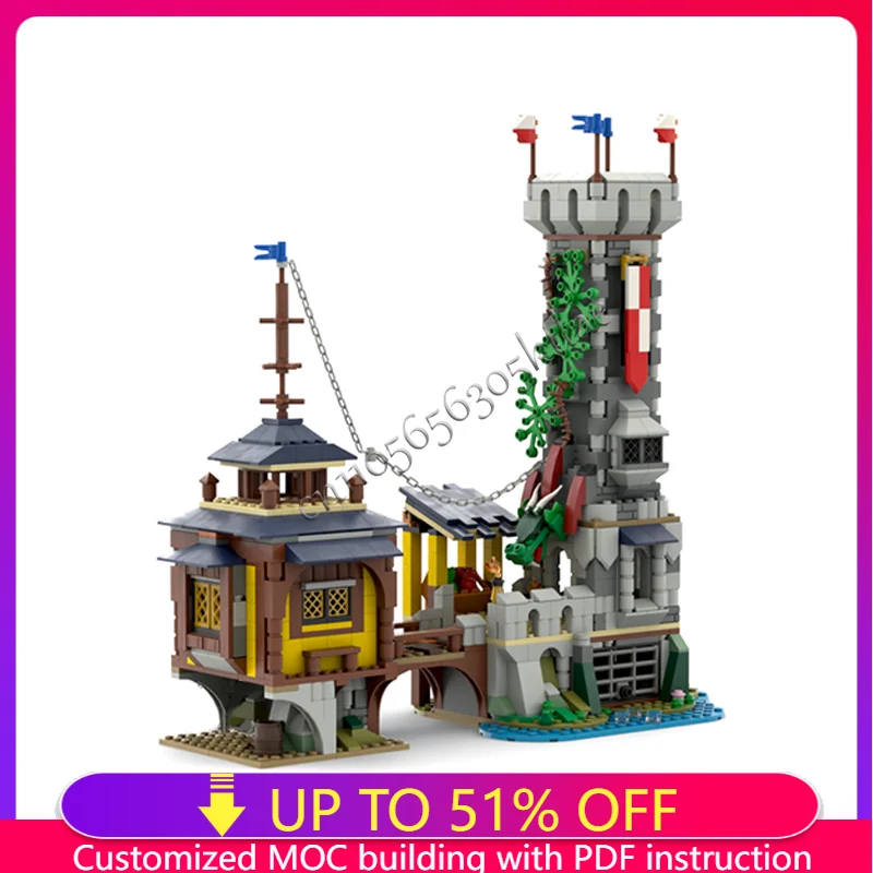 Juego de bloques de construcción de muelle de torre de dragón Medieval MOC, modelo de escena arquitectónica europea, ladrillos, montaje para niños, regalo de cumpleaños, 1035 Uds.