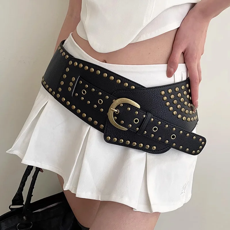 Y2K Rivet Ring Belt Vintage Punk Style Crop Belts Women Fashion Hollow Out Decorative Concave-shaped Belt Streetwear